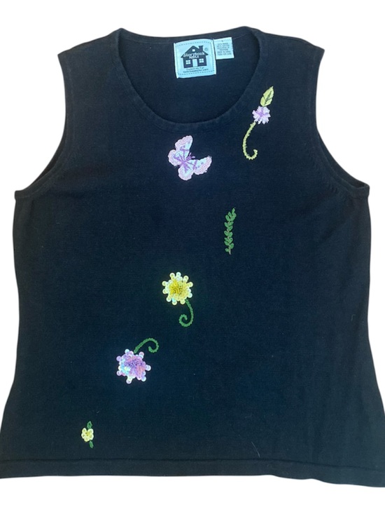 Storybook Knits Sweaters - Vintage Storybook Knits Sweater Vest L Floral Butterfly Sequin Ramie Cotton USA
